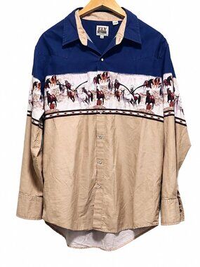 ELY Cattleman XL Western Snap Shirt Horse Print Blue Tan Cowboy Rodeo Long Sleev